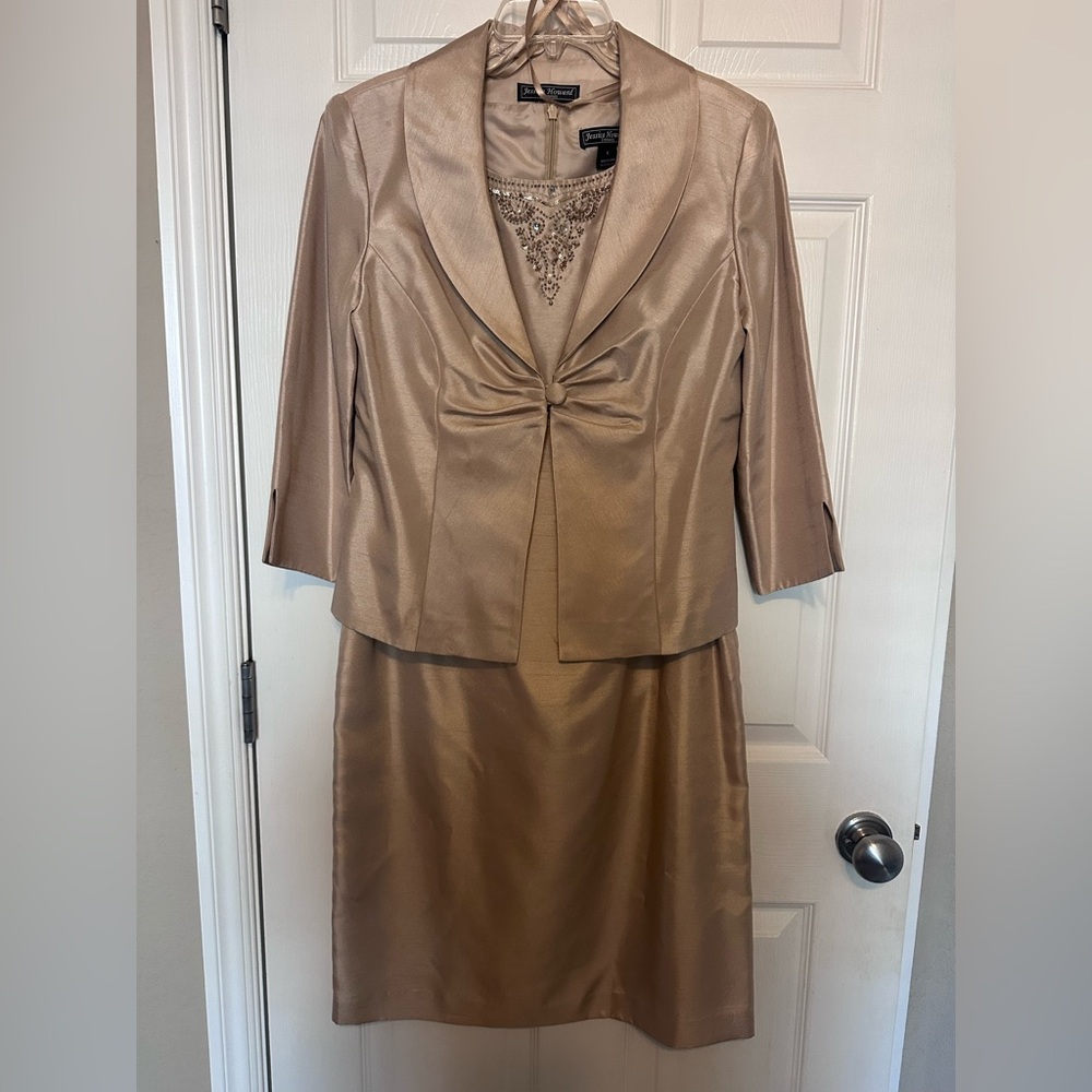 Jessica Howard Champagne Satin Dress & Jacket Set | Beaded Neckline | Size 8